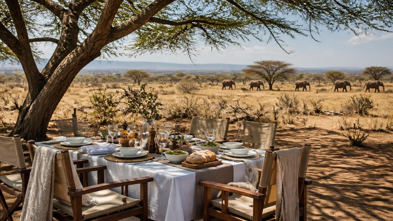 A table set for an intimate lunch in the Tanzanian wilderness