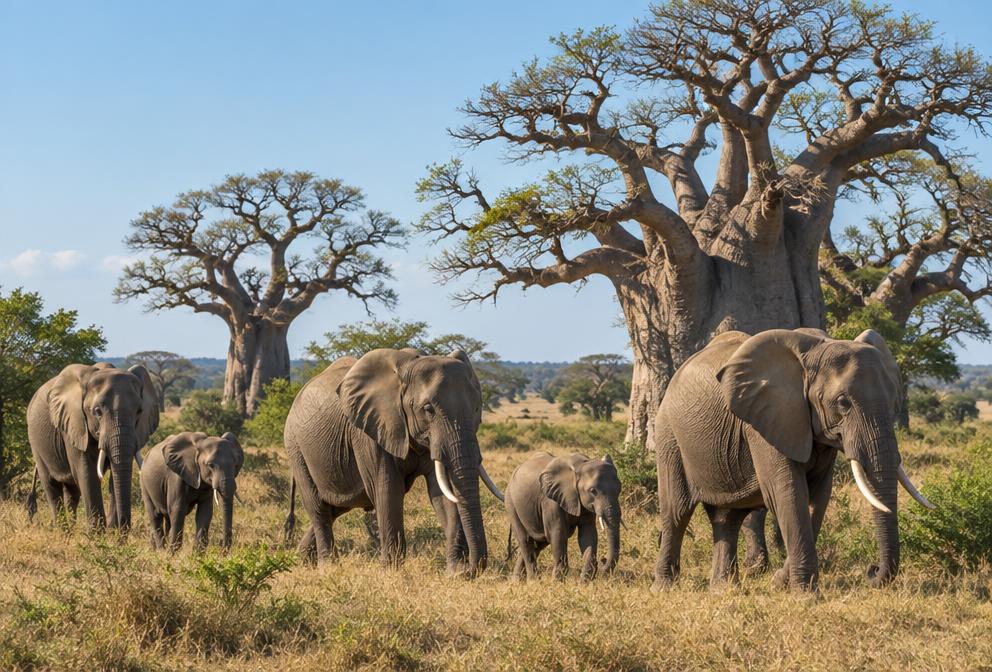 Elephants in Tanzania’s wild landscape