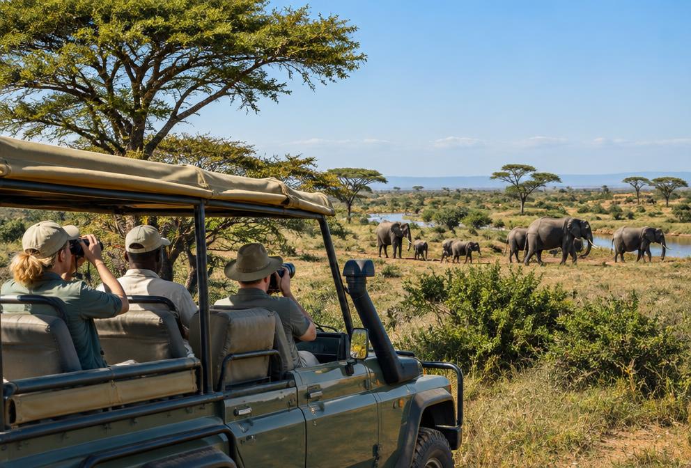 A safari vehicle on a Tanzania game drive