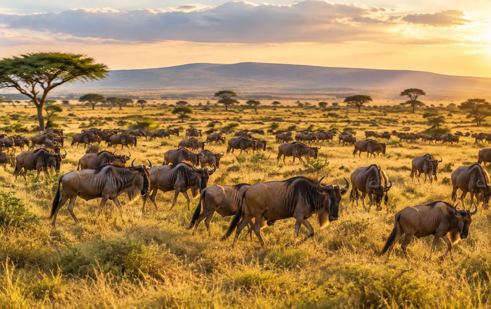 Wildebeest herds grazing on the savannah at golden hour