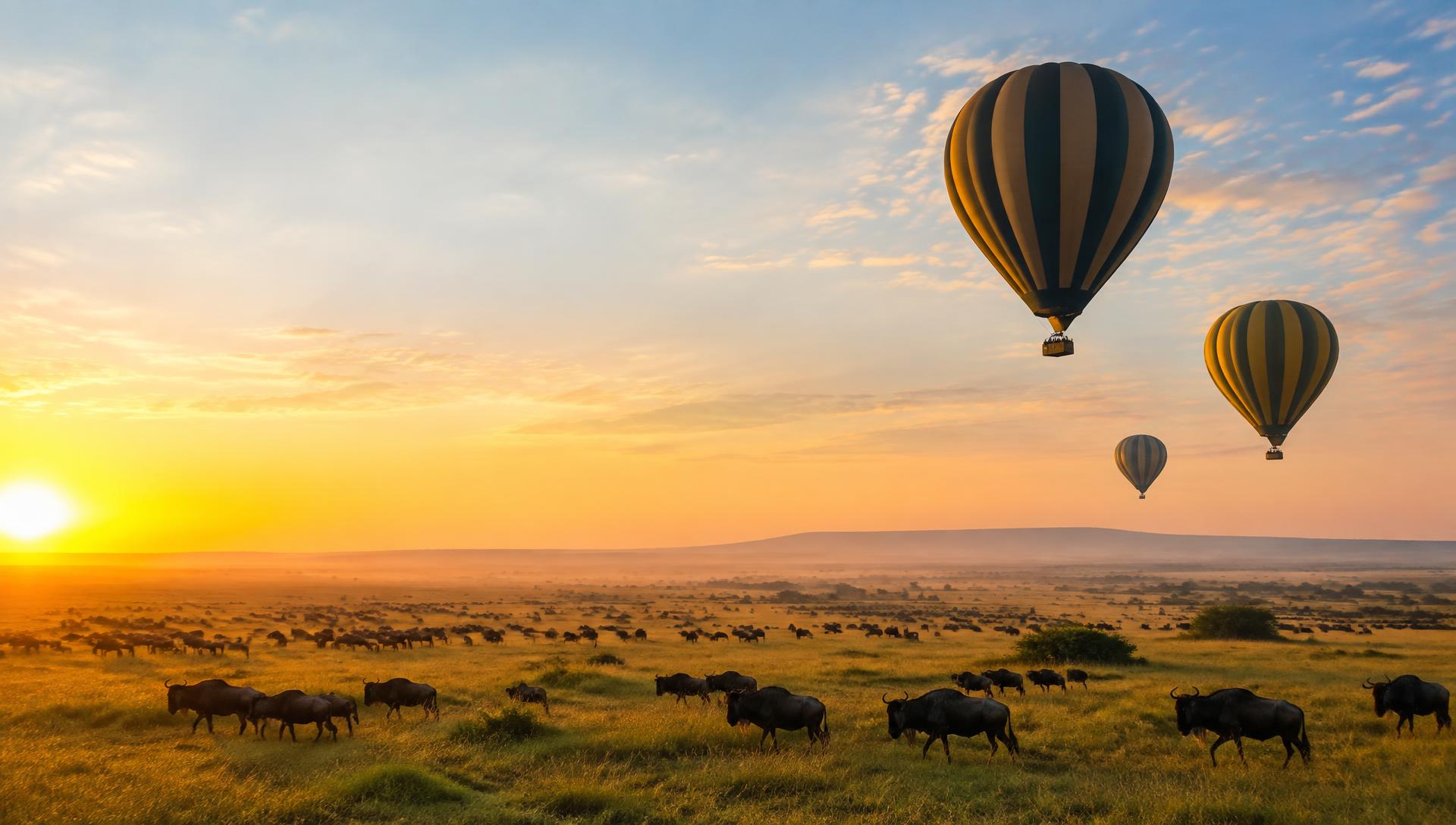 Hot air balloons over the Serengeti plains