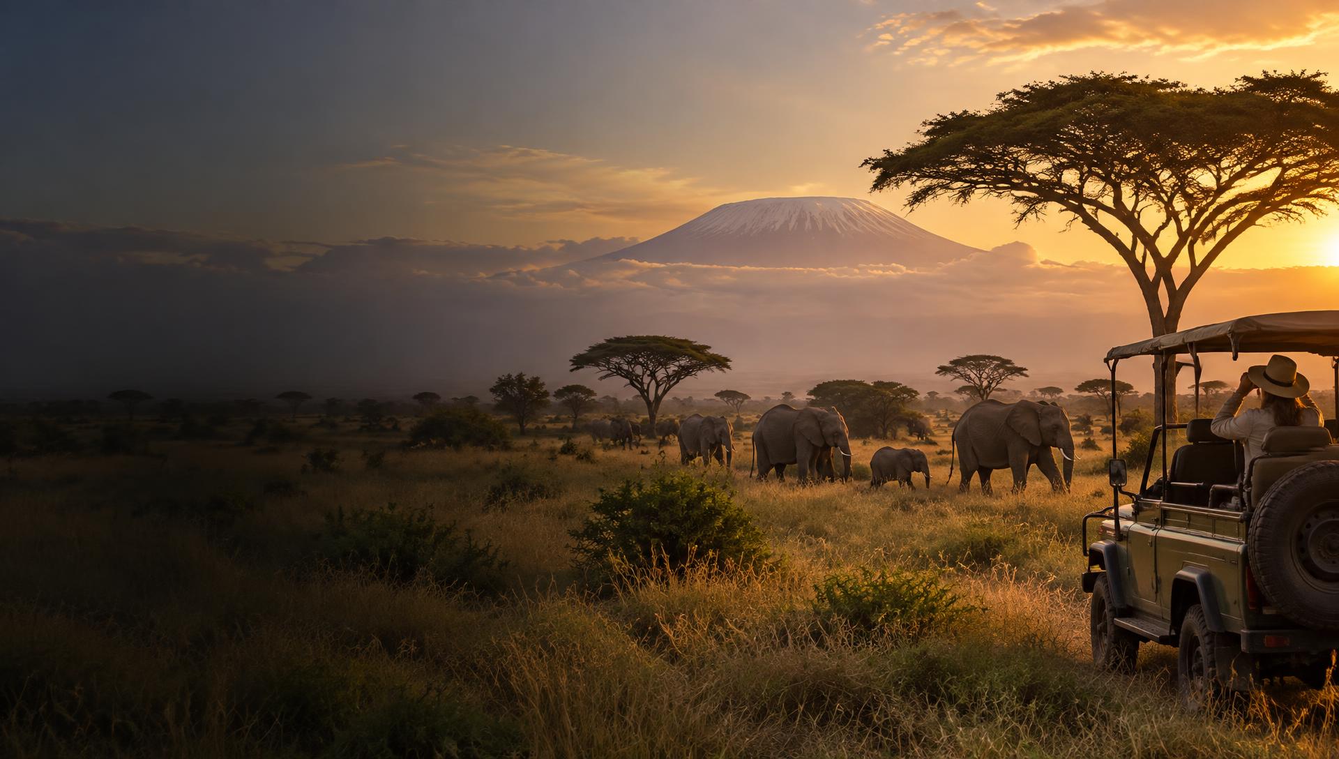 Elephants on the savannah beside a safari vehicle